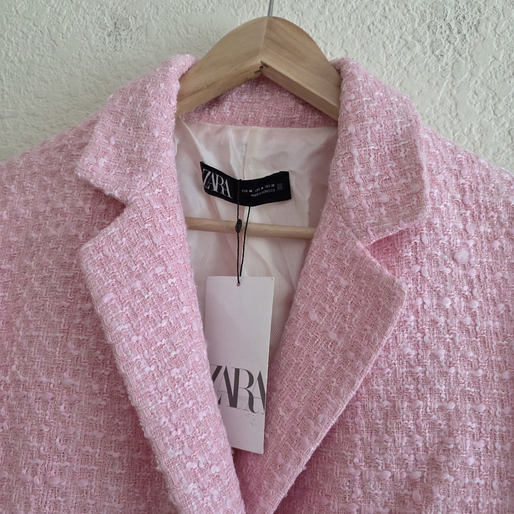 Zara cropped tweed textured blazer pink Size M - Picture 16 of 16